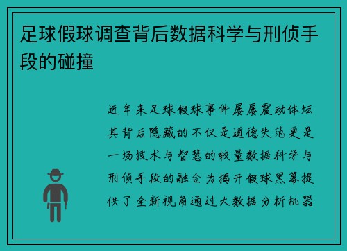 足球假球调查背后数据科学与刑侦手段的碰撞
