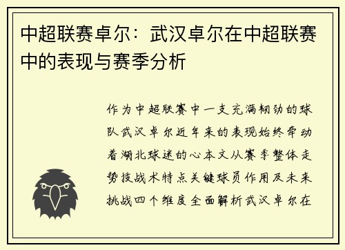 中超联赛卓尔：武汉卓尔在中超联赛中的表现与赛季分析