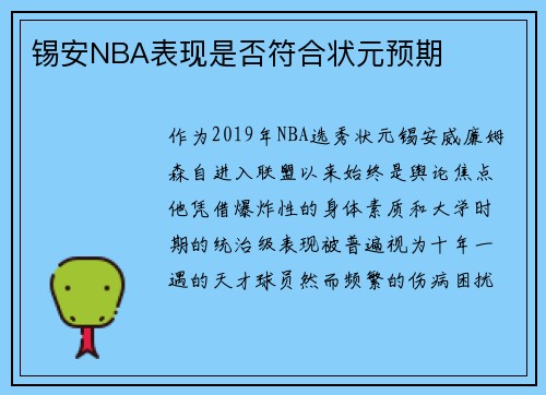 锡安NBA表现是否符合状元预期